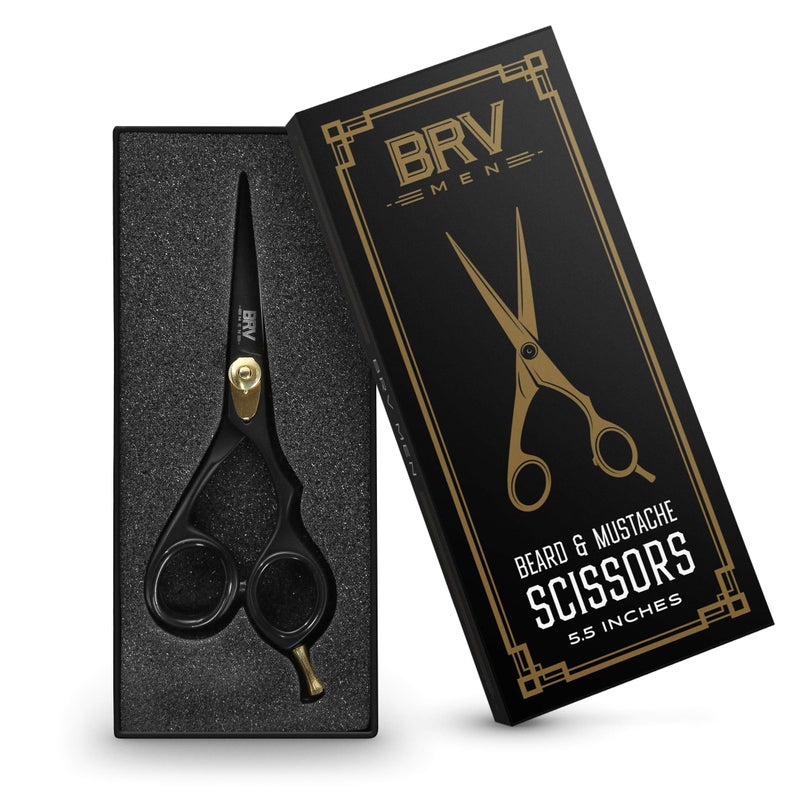 BRV MEN مقص حلاقة الشارب واللحية الاحترافي للرجال BRV - 5.5" | مصنوع من الفولاذ المقاوم للصدأ عالي الكربون ومقص الشارب المطروق بالطرق | مقص حلاقة الشعر للوجه حاد كالشفرات (لليد اليمنى - أسود) - Image 2
