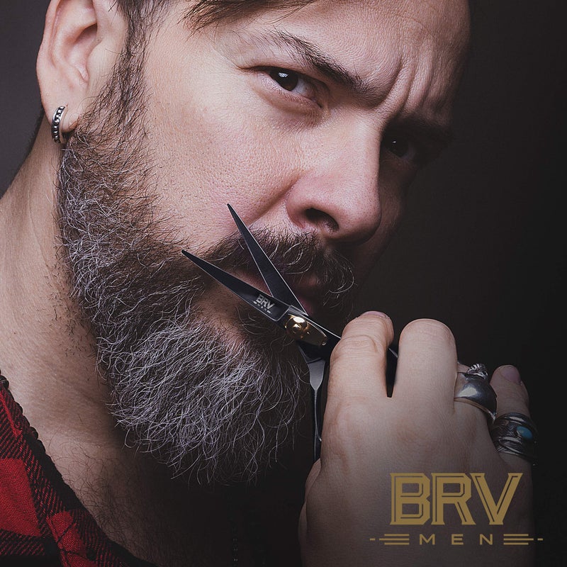 BRV MEN مقص حلاقة الشارب واللحية الاحترافي للرجال BRV - 5.5" | مصنوع من الفولاذ المقاوم للصدأ عالي الكربون ومقص الشارب المطروق بالطرق | مقص حلاقة الشعر للوجه حاد كالشفرات (لليد اليمنى - أسود) - Image 4
