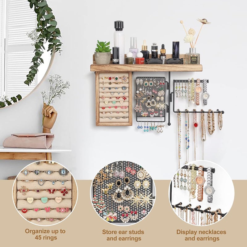 SOLIMINTR Hanging Jewelry Organizer Wall Mount with Rustic Wood Shelf, Ring Display Box, Ear Studs Earring Holder, Rotating Necklace Holder Organizer - Image 2