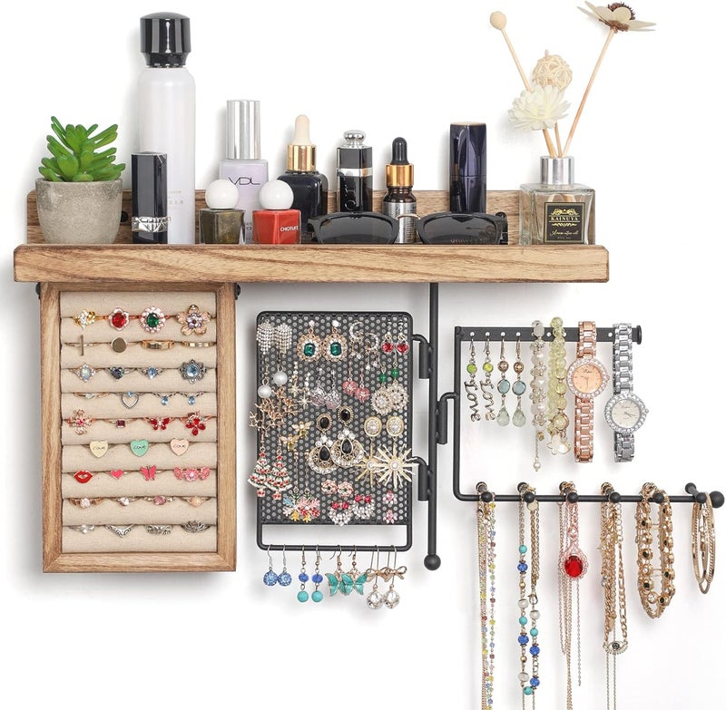 SOLIMINTR Hanging Jewelry Organizer Wall Mount with Rustic Wood Shelf, Ring Display Box, Ear Studs Earring Holder, Rotating Necklace Holder Organizer - Image 1