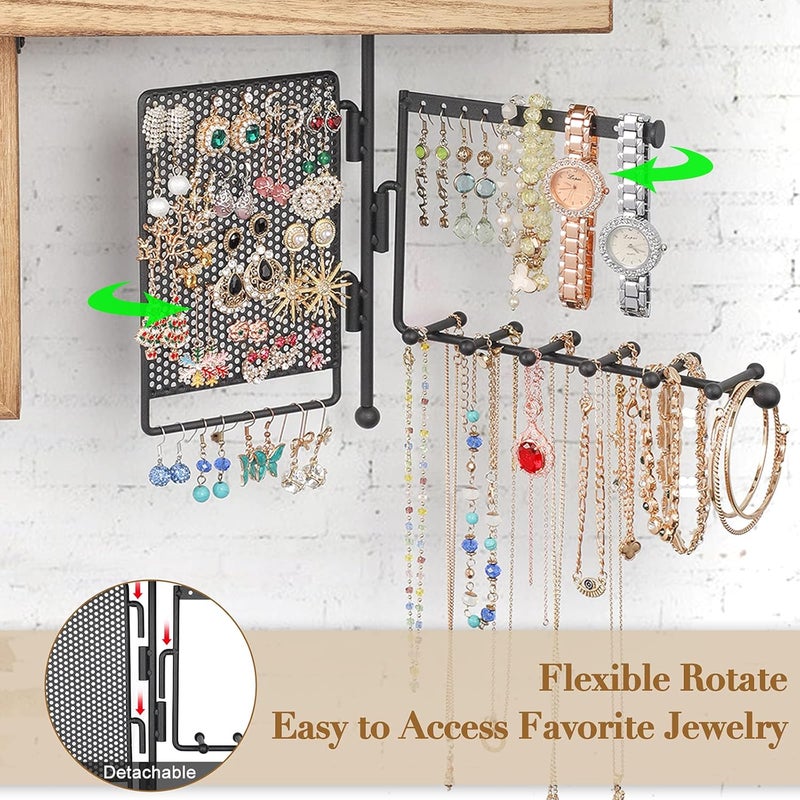 SOLIMINTR Hanging Jewelry Organizer Wall Mount with Rustic Wood Shelf, Ring Display Box, Ear Studs Earring Holder, Rotating Necklace Holder Organizer - Image 3