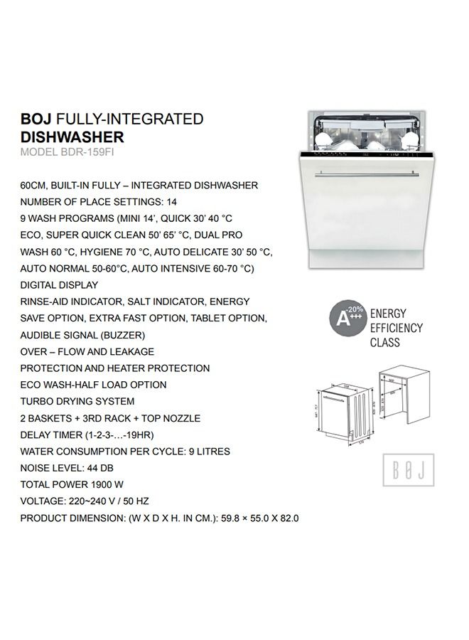 BOJ 60CM Built In Fully Integrated Dishwasher BDR159FI 14 Place Setting, 9 Wash Programs With Digital Display Turbo Drying Option Made In Turkey - Image 4