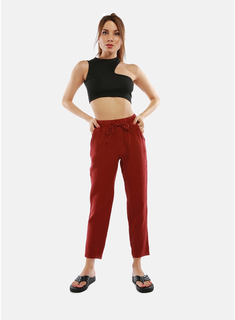London Rag Burgundy Drawstring Narrow Bottom Summer Pants. - Image 1
