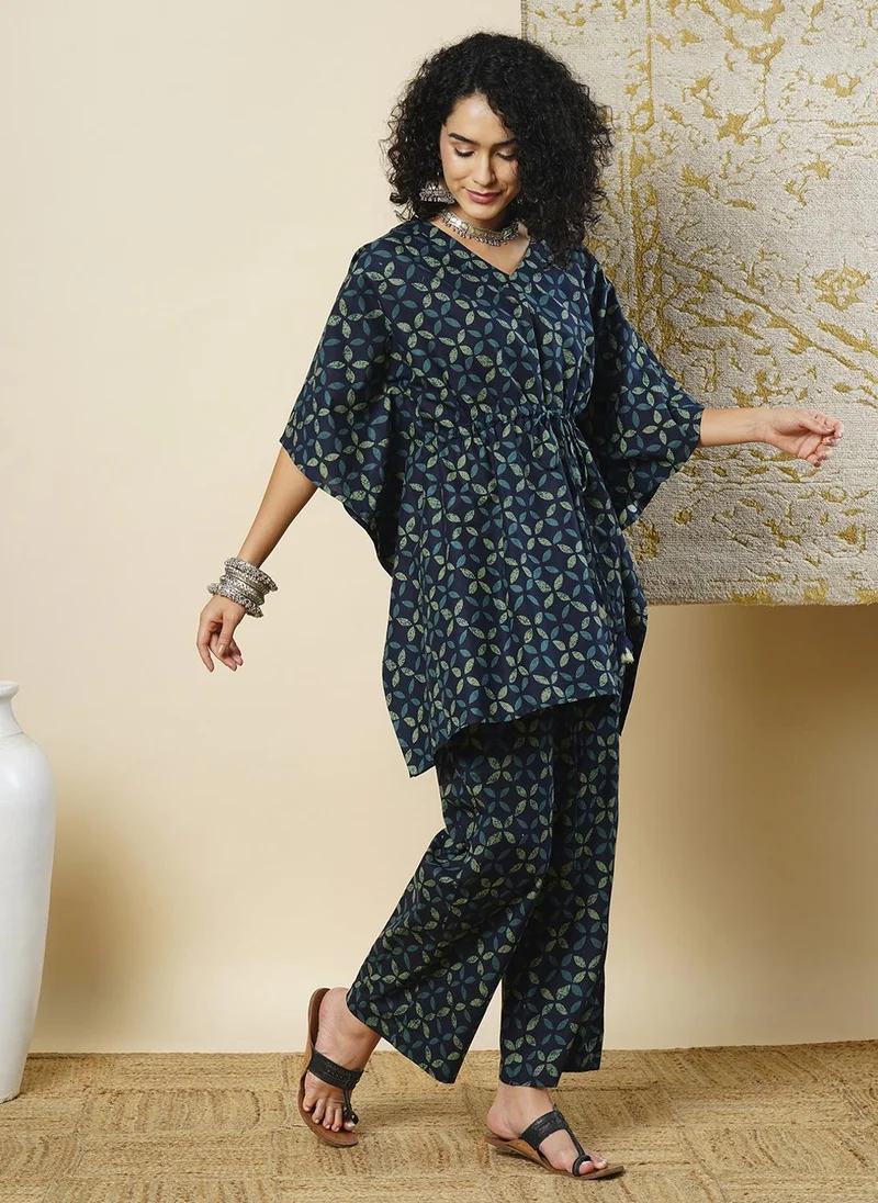 Globus Women Blue Floral Printed V-Neck Pure Cotton Kaftan Tunic With Trousers