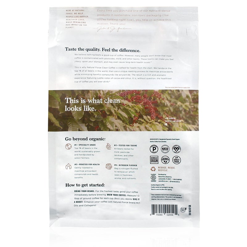 Natural Force - Organic Clean Coffee Classic, Mold & Mycotoxin Free, Lab Tested for Toxins & Purity, Low Acidity, Incredible Taste & Aroma, Whole Bean Medium Roast, 12 oz - Image 2