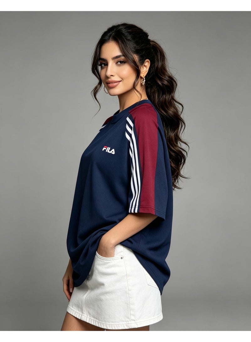 FILA Contrasting Semi-Zipped Polo Shirt for Men and Women Summer Loose Shoulder Short Sleeve Retro Lapel T-shirt - Image 5