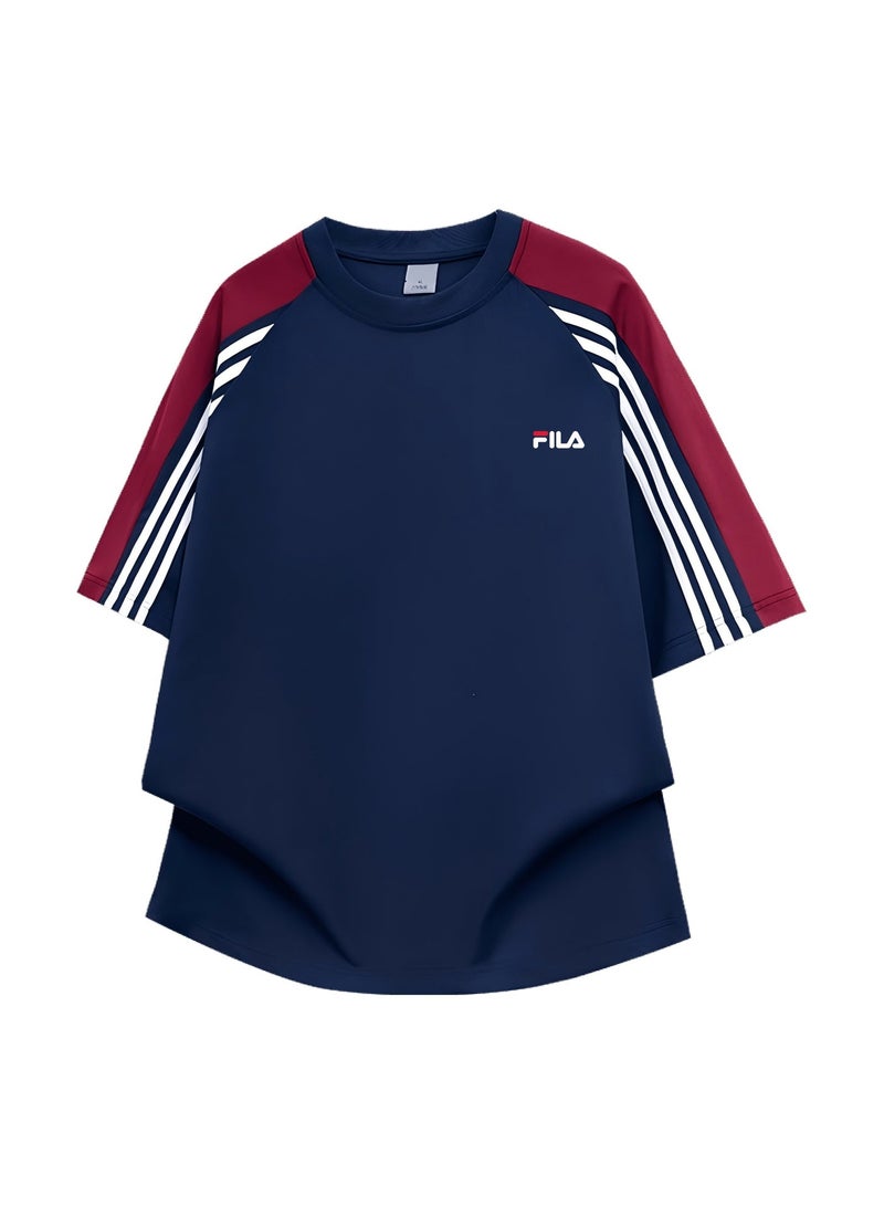 FILA Contrasting Semi-Zipped Polo Shirt for Men and Women Summer Loose Shoulder Short Sleeve Retro Lapel T-shirt - Image 3