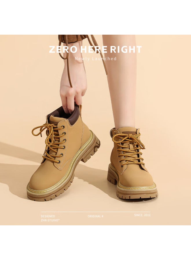 Zhr Martin Boots For Women, British Style Outdoor Women's Shoes, Hiking Work Boots, Height-increasing Yellow Boots, Ah266ff, Camel Color, Size 37 - Image 1