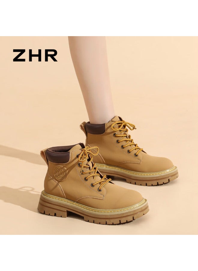 Zhr Martin Boots For Women, British Style Outdoor Women's Shoes, Hiking Work Boots, Height-increasing Yellow Boots, Ah266ff, Camel Color, Size 37 - Image 2
