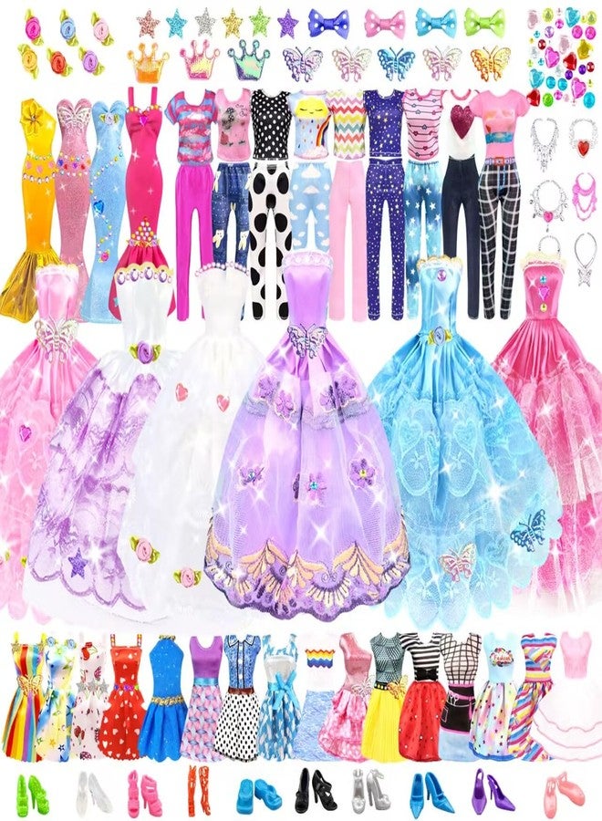 VLUSSO 75Pcs Doll Clothes and Accessories Fashion Design kit for 11.5 Inch Doll Dress Up Including 2 Wedding Gown Dresses 1 Fashion Dress 2 Party Dress 8 Mini Dresses 3 Tops and Pants 10 Shoes 6 Necklaces - Image 1