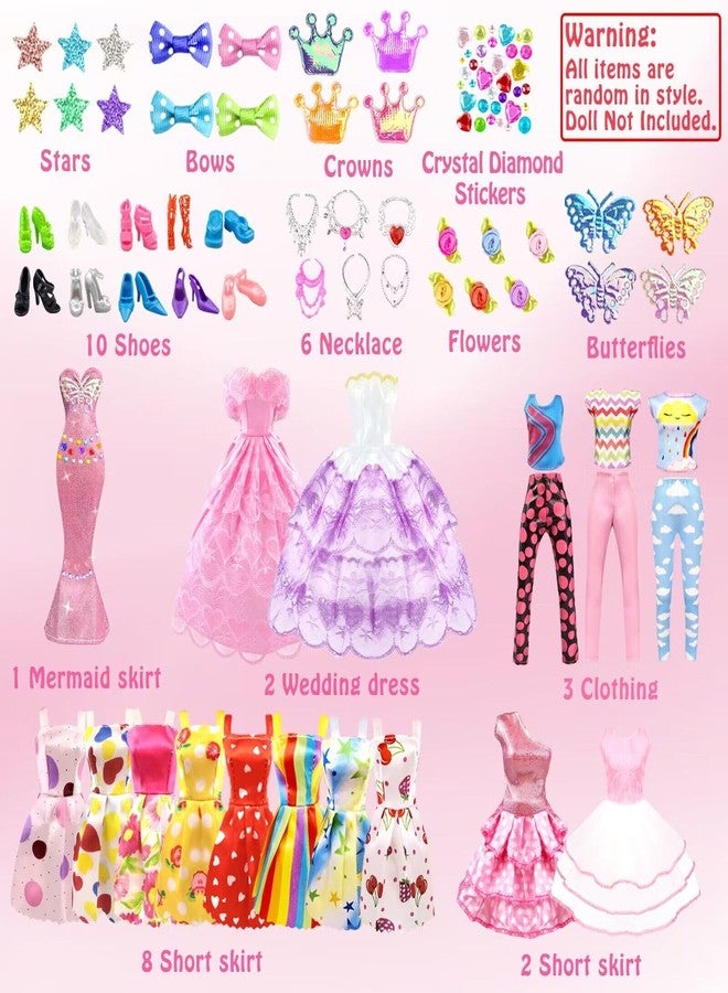 VLUSSO 75Pcs Doll Clothes and Accessories Fashion Design kit for 11.5 Inch Doll Dress Up Including 2 Wedding Gown Dresses 1 Fashion Dress 2 Party Dress 8 Mini Dresses 3 Tops and Pants 10 Shoes 6 Necklaces - Image 2