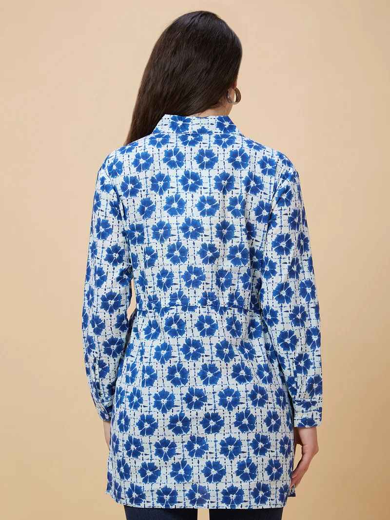 globus Women Floral Printed Shirt Collar Tie Up Pure Cotton Tunic