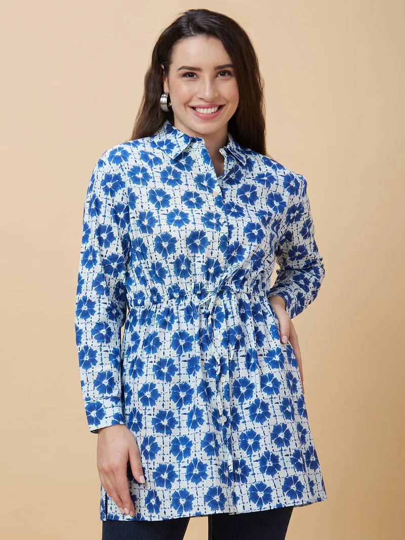 globus Women Floral Printed Shirt Collar Tie Up Pure Cotton Tunic