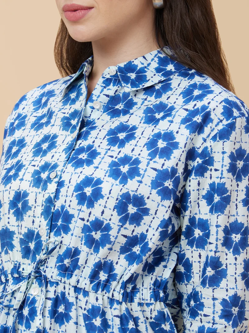globus Women Floral Printed Shirt Collar Tie Up Pure Cotton Tunic