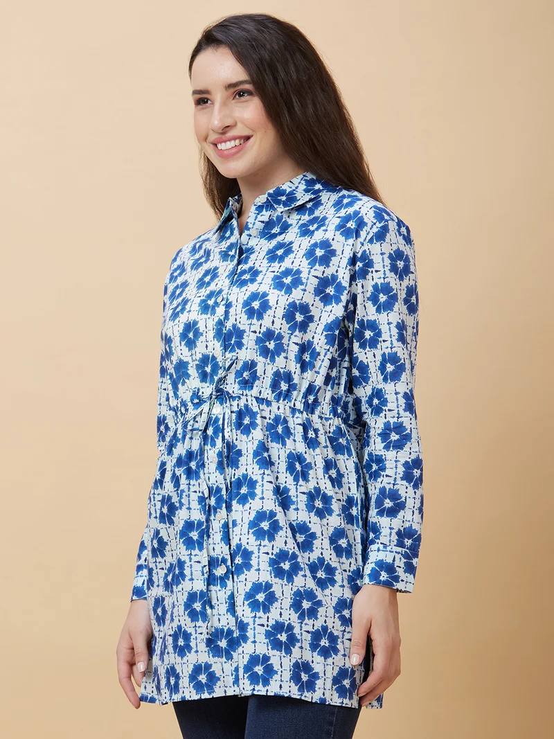 globus Women Floral Printed Shirt Collar Tie Up Pure Cotton Tunic