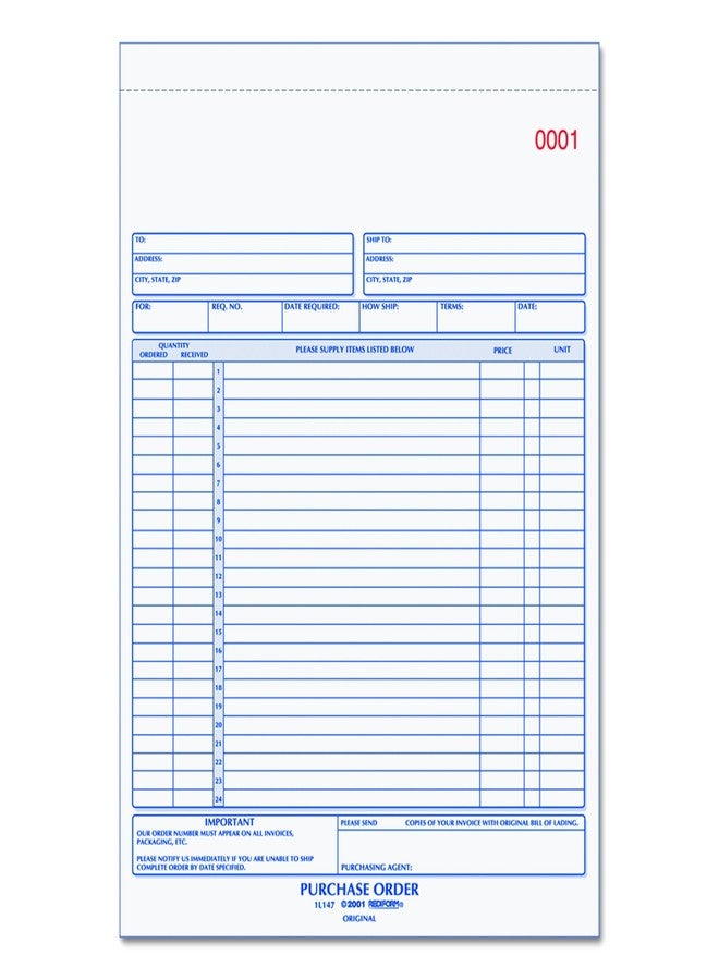 Rediform 1L147 Purchase Order Book, 8 1/2 x 11, Letter, Three-Part Carbonless, 50 Sets/Book - Image 1