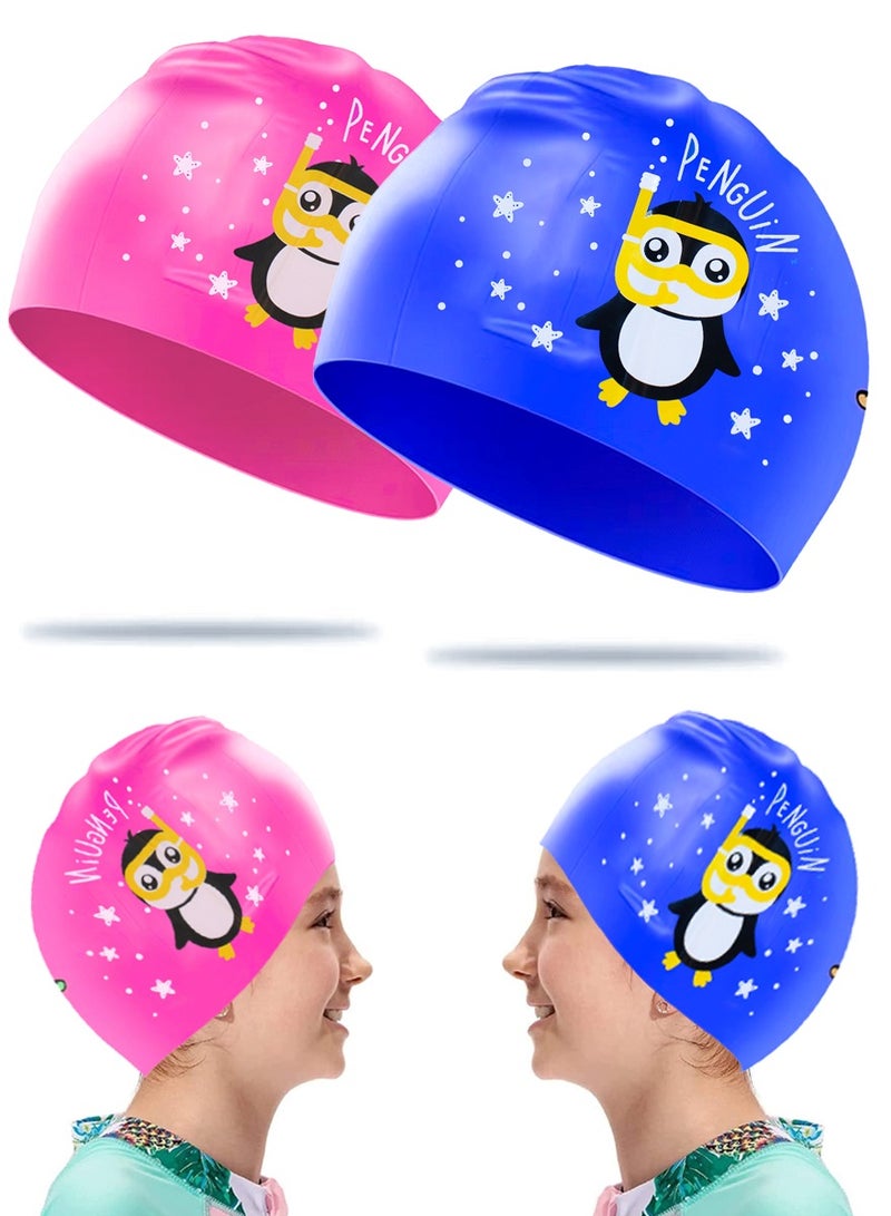 QUTOOB Silicone Swimming Caps for Kids, Girls Boys, Teens, Protecting Ears and Hair from Chlorine, Bacteria, Sand in the Water Odorless and Skin Friendly, Cute Penguin Shape Waterproof Swim Cap, Pack of 2 - Image 1