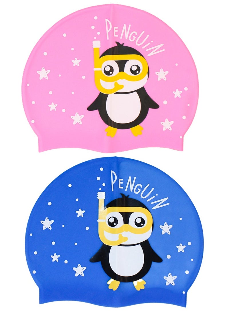 QUTOOB Silicone Swimming Caps for Kids, Girls Boys, Teens, Protecting Ears and Hair from Chlorine, Bacteria, Sand in the Water Odorless and Skin Friendly, Cute Penguin Shape Waterproof Swim Cap, Pack of 2 - Image 4