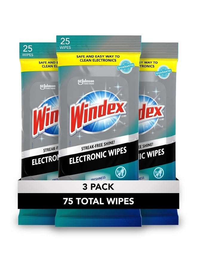 Windex مناديل إلكترونية لتنظيف الشاشات لأجهزة الكمبيوتر والهواتف والتلفزيونات والمزيد - عبوة 25 قطعة (3 عبوات إجمالي 75 مناديل) - Image 1