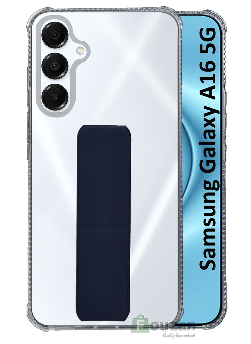 Generic - For Samsung Galaxy A16 5G - Transparent Shock Proof Silicone- Magnetic Case With Hand Grip Holder & Kickstand -Clear/Navy Blue - Image 1
