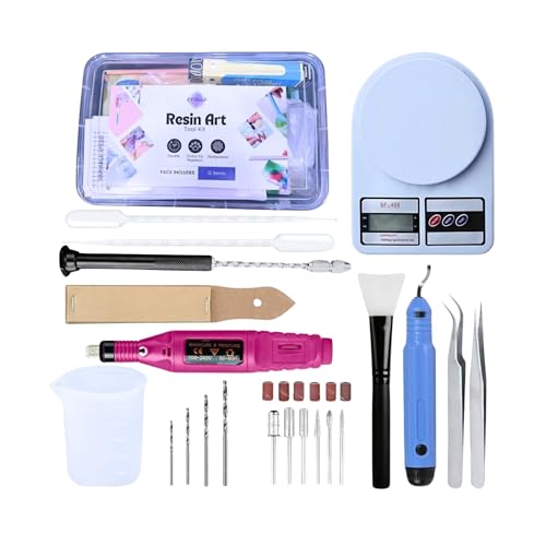 R H LIFESTYLE 12 Pcs Epoxy Resin Art Tool Kit with Measuring Cup, Silicone Brush, Rotary Tool, Tweezers, Measuring Scale, Sand Paper, Deburr Handle, Hand Drill and Dropper DIY Resin Art Kit (Big) - Image 1