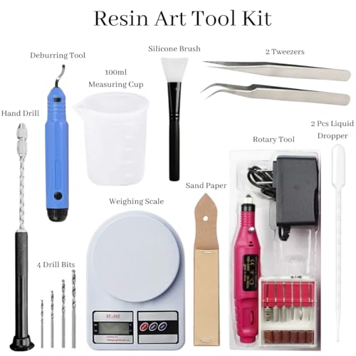 R H LIFESTYLE 12 Pcs Epoxy Resin Art Tool Kit with Measuring Cup, Silicone Brush, Rotary Tool, Tweezers, Measuring Scale, Sand Paper, Deburr Handle, Hand Drill and Dropper DIY Resin Art Kit (Big) - Image 2