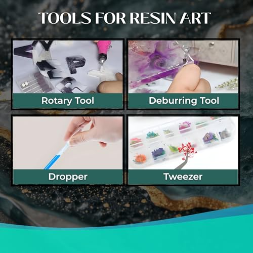 R H LIFESTYLE 12 Pcs Epoxy Resin Art Tool Kit with Measuring Cup, Silicone Brush, Rotary Tool, Tweezers, Measuring Scale, Sand Paper, Deburr Handle, Hand Drill and Dropper DIY Resin Art Kit (Big) - Image 3
