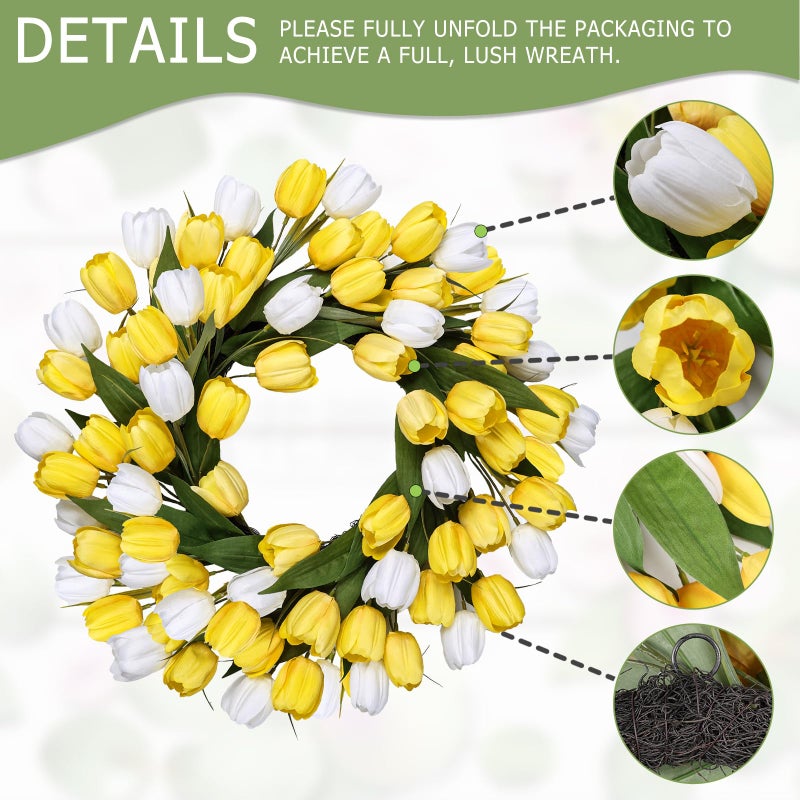 MDSTBN 24 Inch Tulip Spring Wreath for Front Door Summer Silk Wreath with Green Leaves Artificial Tulip Flower Wreaths for All Seasons Farmhouse Porch Wall Living Room Home Widding Decor-Yellow - Image 2