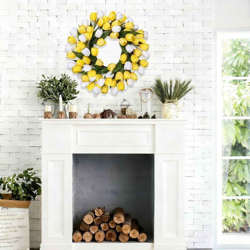 MDSTBN 24 Inch Tulip Spring Wreath for Front Door Summer Silk Wreath with Green Leaves Artificial Tulip Flower Wreaths for All Seasons Farmhouse Porch Wall Living Room Home Widding Decor-Yellow - Image 5