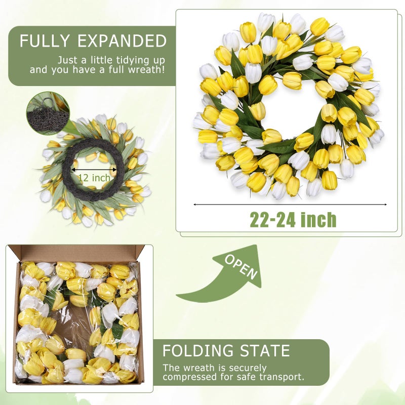 MDSTBN 24 Inch Tulip Spring Wreath for Front Door Summer Silk Wreath with Green Leaves Artificial Tulip Flower Wreaths for All Seasons Farmhouse Porch Wall Living Room Home Widding Decor-Yellow - Image 3