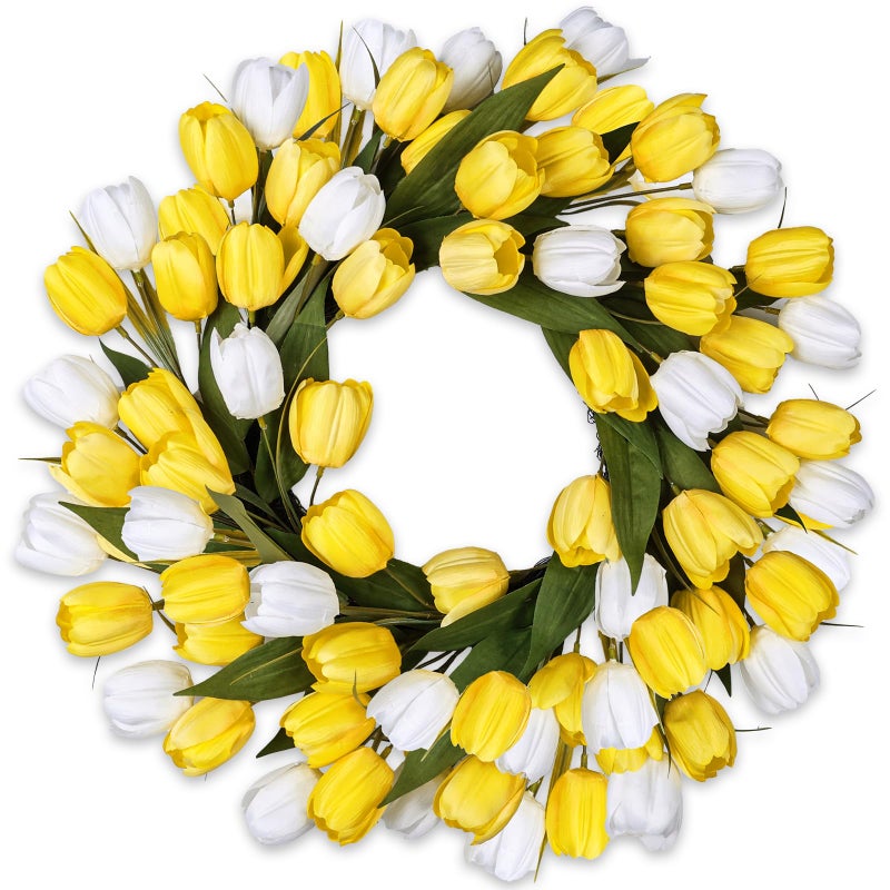 MDSTBN 24 Inch Tulip Spring Wreath for Front Door Summer Silk Wreath with Green Leaves Artificial Tulip Flower Wreaths for All Seasons Farmhouse Porch Wall Living Room Home Widding Decor-Yellow - Image 1