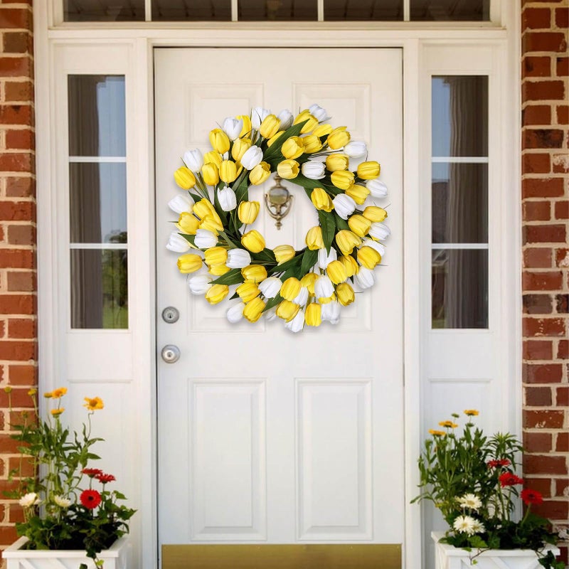 MDSTBN 24 Inch Tulip Spring Wreath for Front Door Summer Silk Wreath with Green Leaves Artificial Tulip Flower Wreaths for All Seasons Farmhouse Porch Wall Living Room Home Widding Decor-Yellow - Image 4