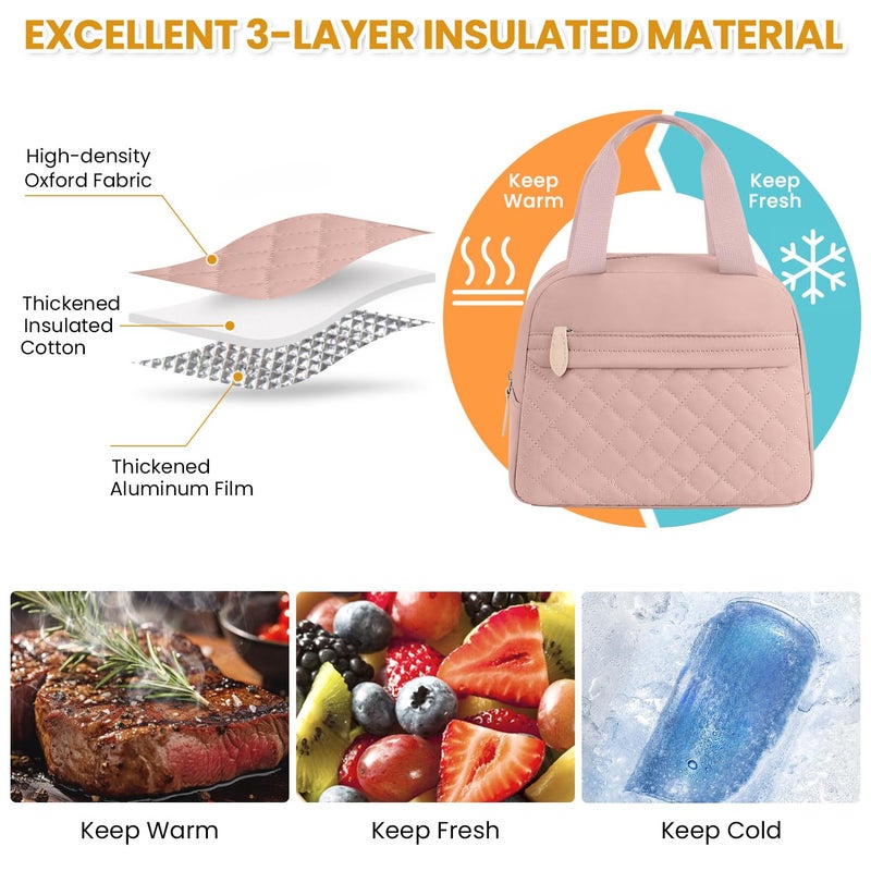 ELONGRIVER Insulated Lunch Bag for Women, Portable Lightweight Lunch Box for Adults, Reusable Small Lunch Tote Cooler Bags with Front Zipper Pocket for Work School Picnic(Pink) - Image 3