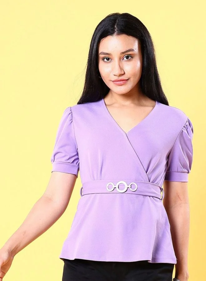Women Fit and Flared Solid V-Neck Short Sleeve Peplum Top