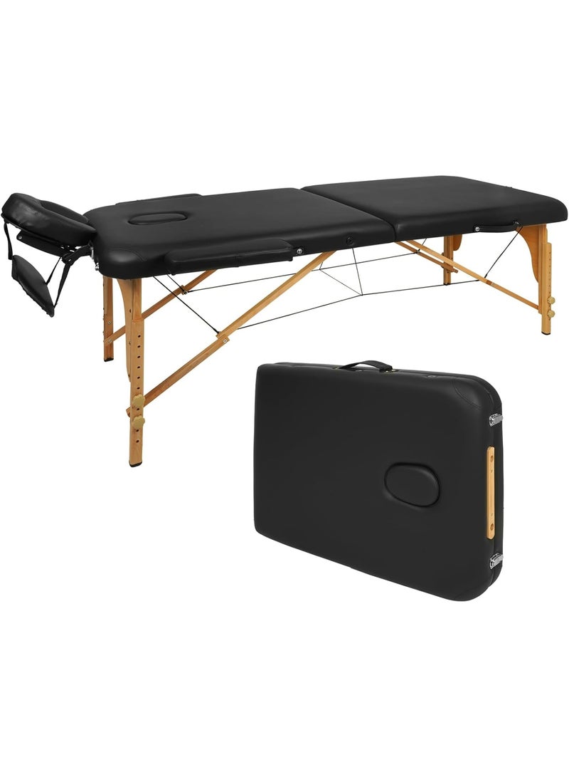 Meishida Massage Table Portable, Light Weight 2 Section Foldable Lash Bed Facial Care Spa Bed Height Adjustable Sturdy Wooden Frame with Accessories Carrying Bag - Black  - Image 1