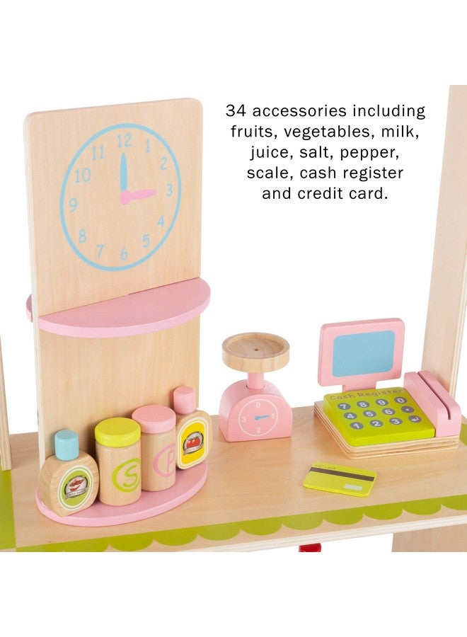 هاي! بلاي! هيا! بلاي! منصة بيع منتجات طازجة للأطفال - مجموعة لعب خشبية لمتجر بقالة مع ماكينة تسجيل المدفوعات النقدية، وبطاقة ائتمان وهمية، و31 ملحق طعام. - Image 3