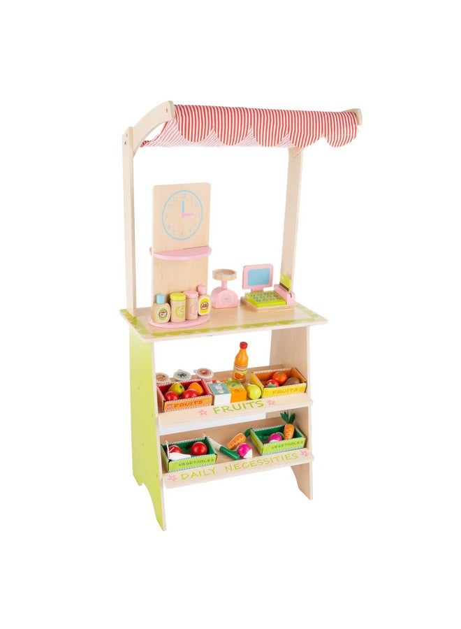 هاي! بلاي! هيا! بلاي! منصة بيع منتجات طازجة للأطفال - مجموعة لعب خشبية لمتجر بقالة مع ماكينة تسجيل المدفوعات النقدية، وبطاقة ائتمان وهمية، و31 ملحق طعام. - Image 1