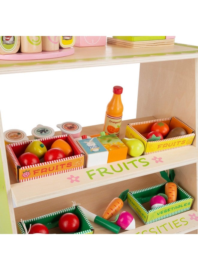 هاي! بلاي! هيا! بلاي! منصة بيع منتجات طازجة للأطفال - مجموعة لعب خشبية لمتجر بقالة مع ماكينة تسجيل المدفوعات النقدية، وبطاقة ائتمان وهمية، و31 ملحق طعام. - Image 4