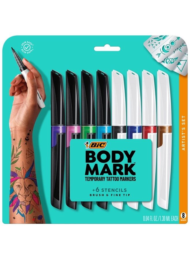 Bic BodyMark Temporary Tattoo Markers for Skin, Artist's Set, Mixed Tip, 8-Count Pack of Assorted Colors, Skin-Safe*, Cosmetic Quality (MTBXP81-A-AST) - Image 1
