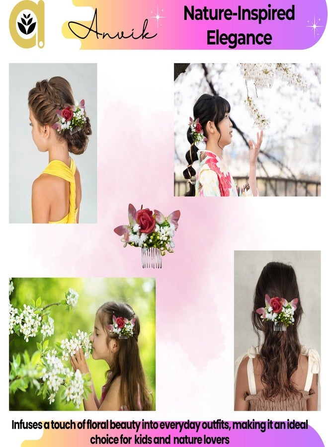 ANVIK Rose and Butterfly Fancy Hair Clip/Side Pin/Comb Pin/Juda Pin/Crystal Bun Pin For Women And Girls Bride Hair Styling Wedding Hair Accessories For Women Flower Hair Accessory For Women(Maroon) - Image 5