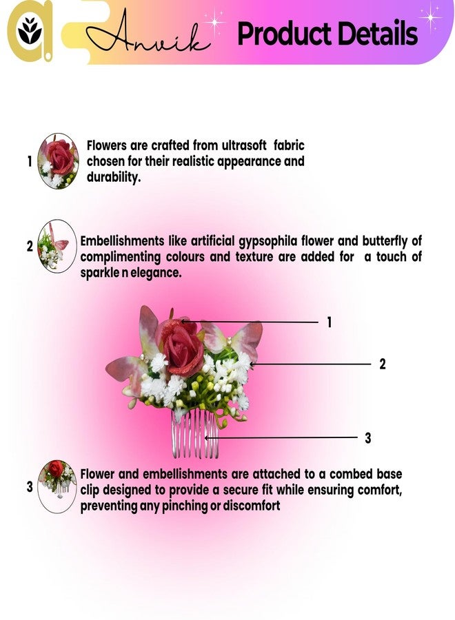 ANVIK Rose and Butterfly Fancy Hair Clip/Side Pin/Comb Pin/Juda Pin/Crystal Bun Pin For Women And Girls Bride Hair Styling Wedding Hair Accessories For Women Flower Hair Accessory For Women(Maroon) - Image 3