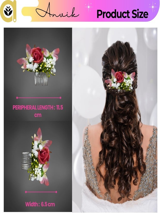 ANVIK Rose and Butterfly Fancy Hair Clip/Side Pin/Comb Pin/Juda Pin/Crystal Bun Pin For Women And Girls Bride Hair Styling Wedding Hair Accessories For Women Flower Hair Accessory For Women(Maroon) - Image 2