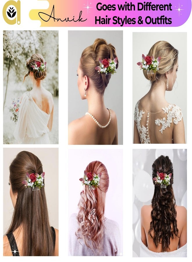 ANVIK Rose and Butterfly Fancy Hair Clip/Side Pin/Comb Pin/Juda Pin/Crystal Bun Pin For Women And Girls Bride Hair Styling Wedding Hair Accessories For Women Flower Hair Accessory For Women(Maroon) - Image 4