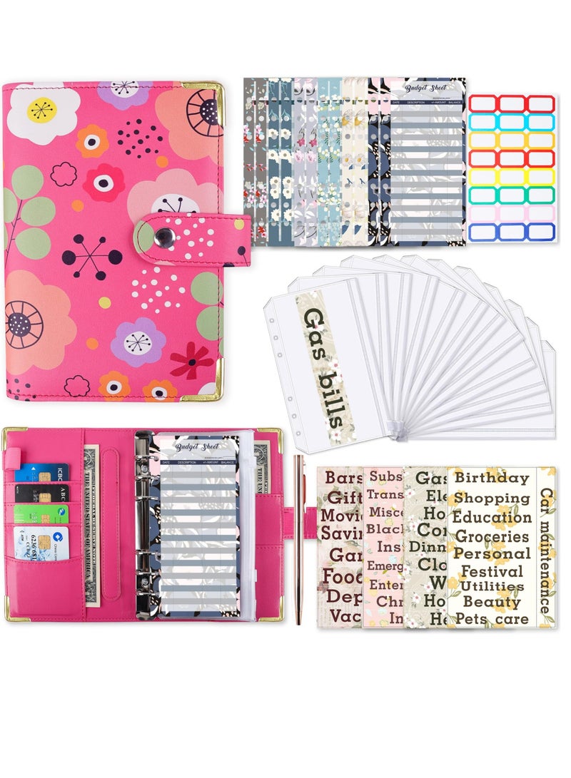 SOLARAE حافظة ميزانية من جلد PU بحجم A6 مع تحدي التوفير لمدة 52 أسبوعًا، كتاب تحديات التوفير وأظرف نقدية، وفر 1,378 دولار، تشمل أظرف نقدية ومتتبعات، زهرة وردية - Image 1