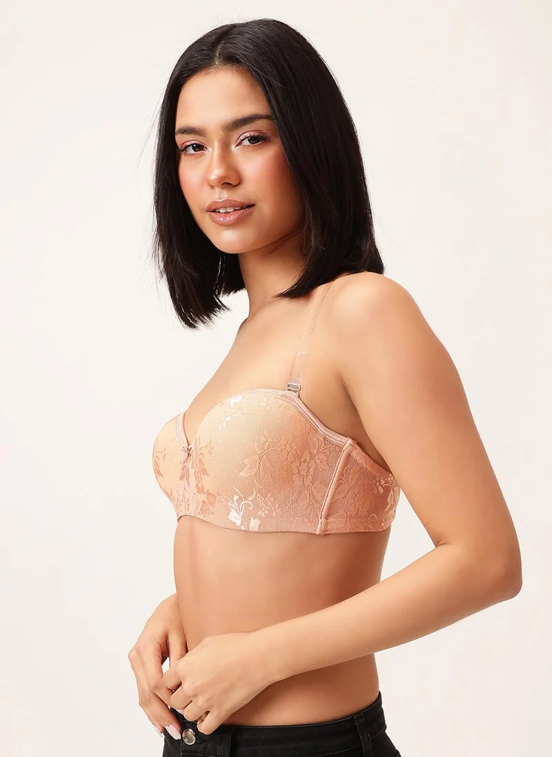 Clovia Clovia Padded Underwired Full Coverage Strapless Bra in Nude - Lace