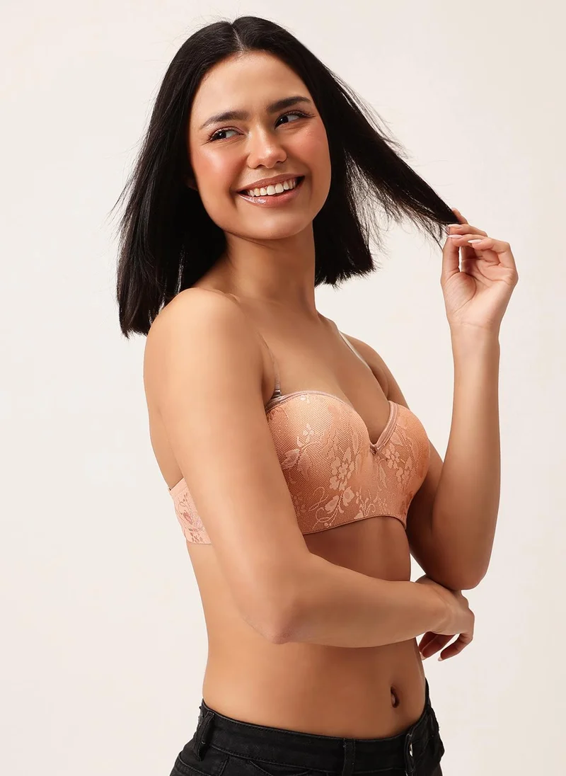 Clovia Clovia Padded Underwired Full Coverage Strapless Bra in Nude - Lace