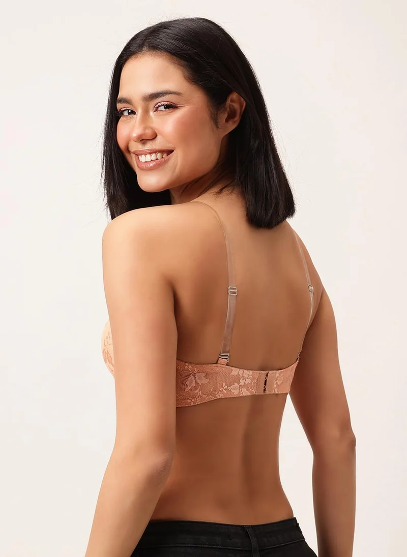 Clovia Clovia Padded Underwired Full Coverage Strapless Bra in Nude - Lace