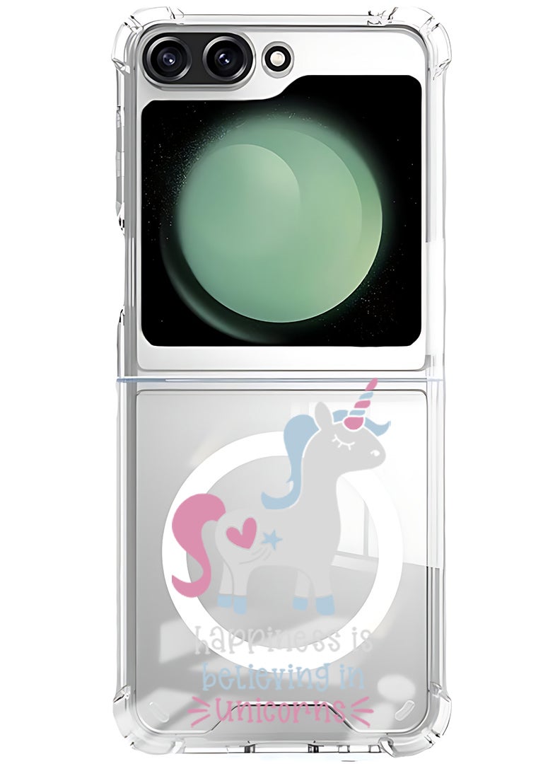 Theodor Magnetic Case for Samsung Galaxy Z Flip 5 Compatible with MagSafe Wireless Charging, Shockproof Phone Bumper Cover Happiness is believing in Unicorns - Image 1