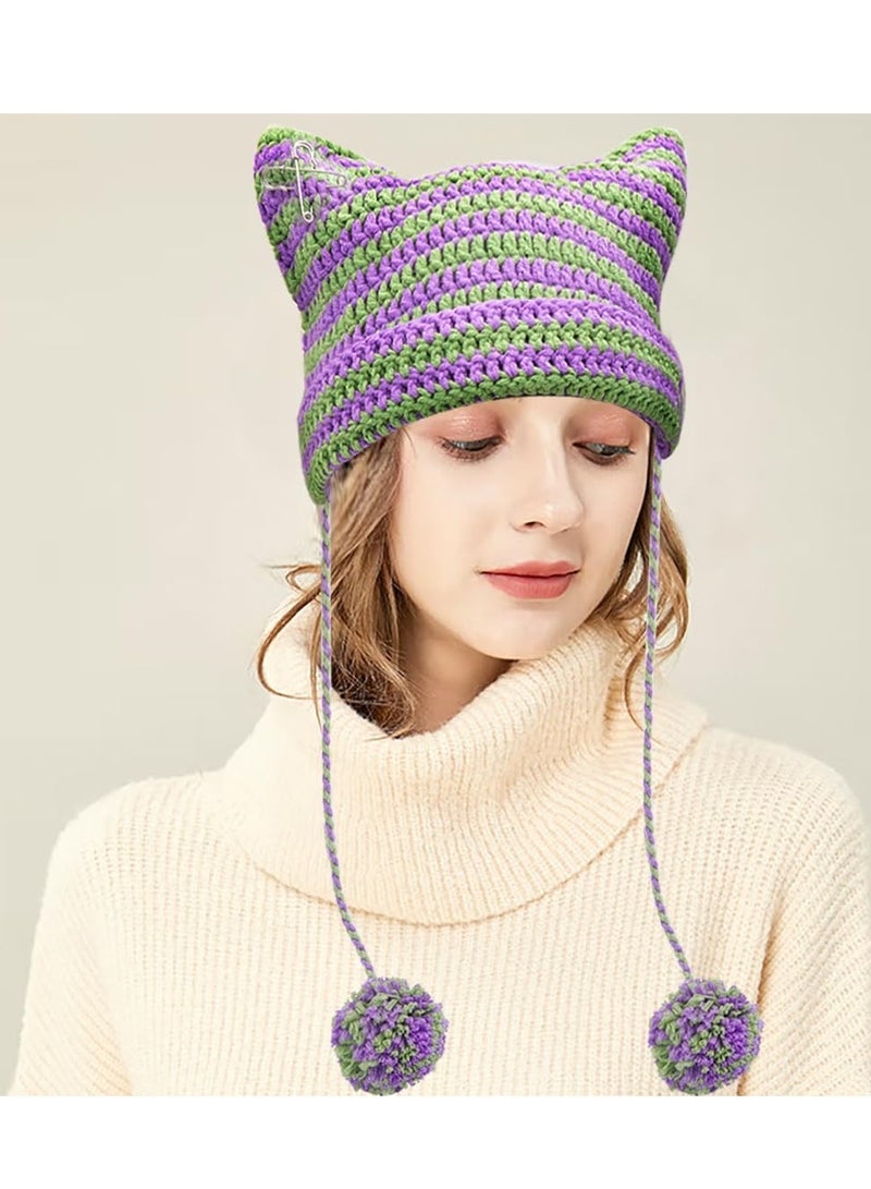 KASTWAVE Crochet Hats for Women, Winter Warm Cap, Women Knitted Cat Beanie Stripe, Beanies Women Fox Hat, Slouchy Beanies for Women Girls - Image 2