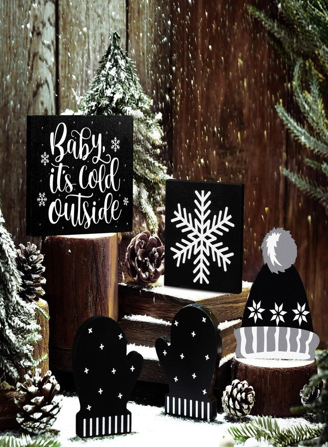 GlikCeil 5 Pcs Winter Table Decor Snowflake Baby Its Cold Outside Wooden Signs Gloves Hat Table Top Blocks Rustic Tiered Tray Decor Centerpieces Black White Winter Decor for Home Office Desk - Image 2